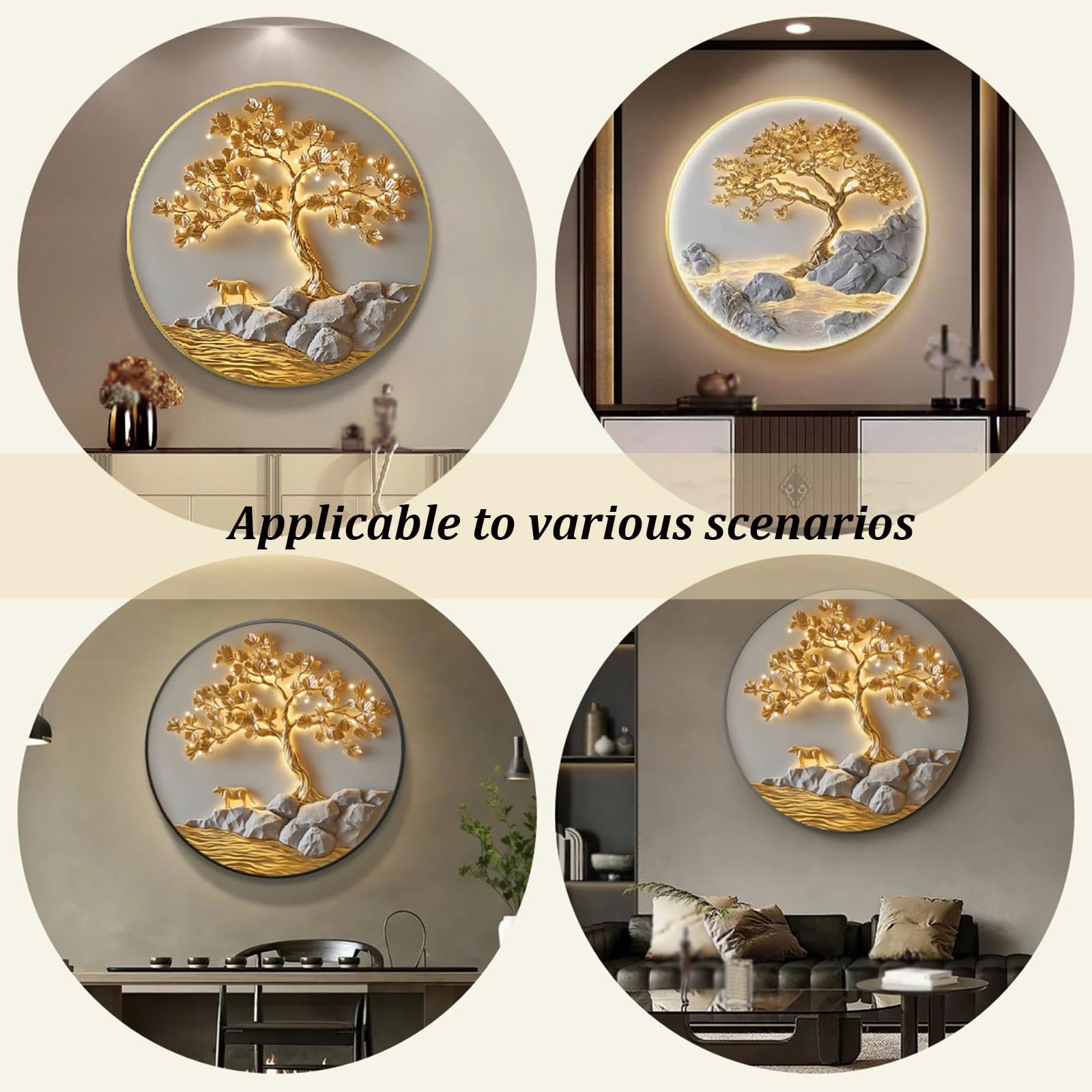 3D-Wandkunst Mit LED-Beleuchtung, Wandskulptur-Bild Mit Kristall-Porzellan-Finish Und Aluminiumrahmen, Glücksbaum-Wandleuchte Für Eingangsbereich Und Treppenhaus(B,70cm)