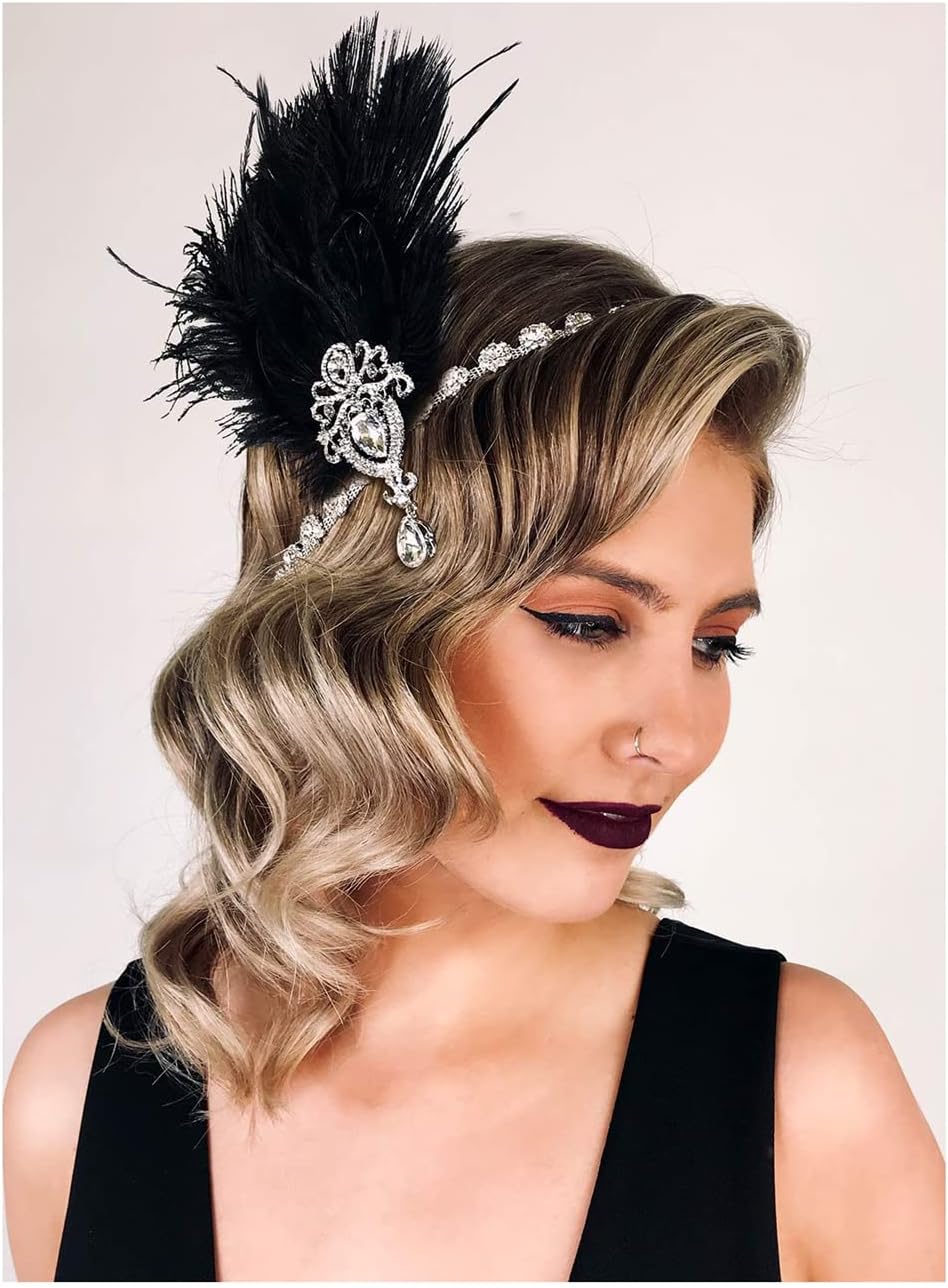 1920s Feather Headpiece, Womens Ostrich Feather Crystal Headband, Great Gatsby Hair Accessories for Women, Ribbon Tie, Flapper Accessories, Art Deco Headpiece (Black)