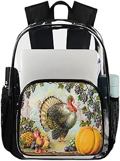 Mochila transparente retrô de ação de graças para livros, mochila transparente impermeável de peru de abóbora mochila transparente de PVC com alça de ombro reforçada para escola, trabalho, viagens, Multicor