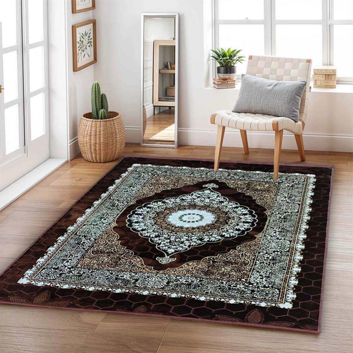 Serenity Traditional Rug with Soft Teddy Material and Non Slip Backing Large Area Carpet for Living Room Bedroom Dining Room Home Floor Decor (Brown, 160x230 CM)
