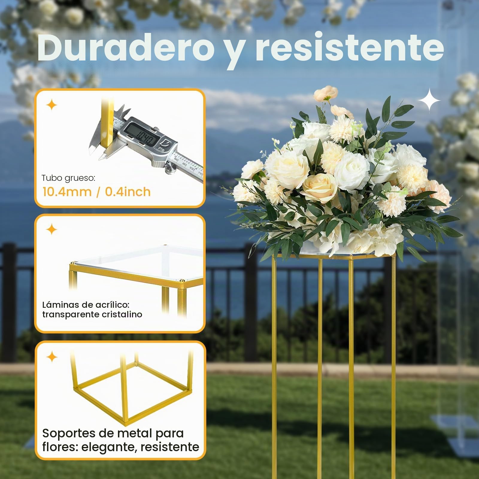 YALLOVE 2 soportes de metal para flores de 60 cm, soporte de jarrones dorados con hojas acrílicas transparentes, estante de exhibición geométrico para decoraciones de fiesta de boda | Centros de mesa con láminas acrílicas transparentes para bodas, despedi