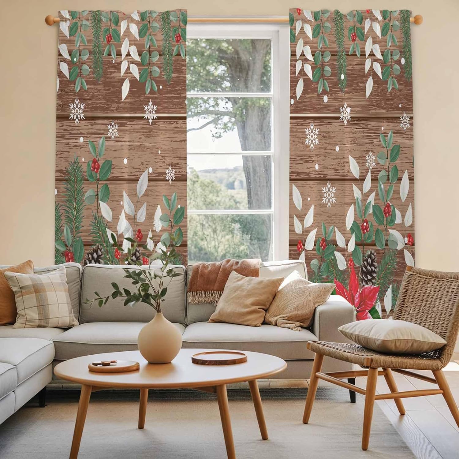 Christmas Poinsettia Window Curtains 72 Inch Long 2 Panel Set,Rod Pocket Long Curtains & Drapes,Farmhouse Eucalyptus Botanical Xmas Light Filtering Window Treatment for Bedroom Living Room 52"W x 72"L