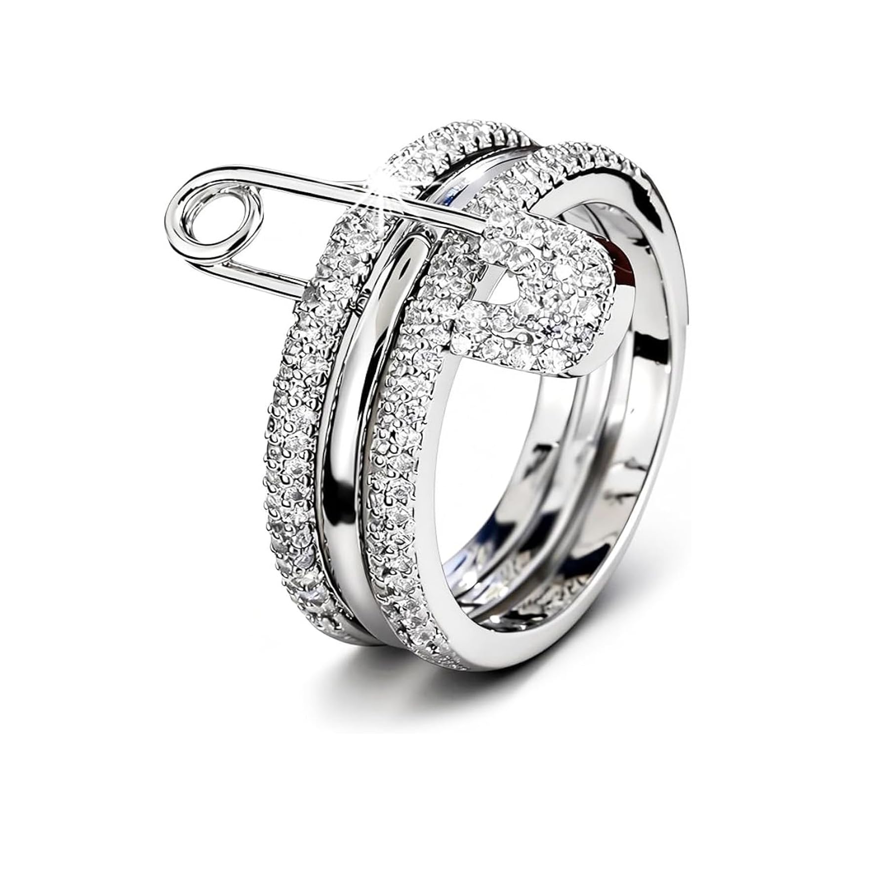 Stackable Rings for Women 3 Pcs Safety Pin Silver & Gold Cubic Zirconia Ring Hypoallergenic Thumb Ring Size 5-10-image-30