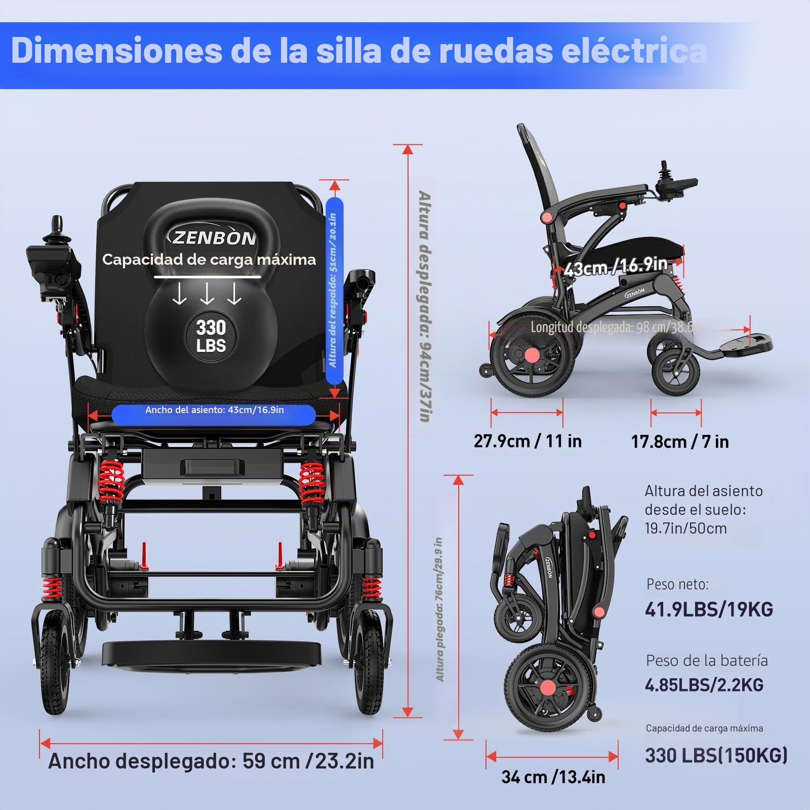 Silla de Ruedas Eléctrica Plegable Ligera 19 kg: 25 km Silla de Ruedas Eléctrica con Mando a Distancia y Botón de Ayuda para Empujar Trasero - Sillas de Ruedas Eléctricas de Hasta 150 kg