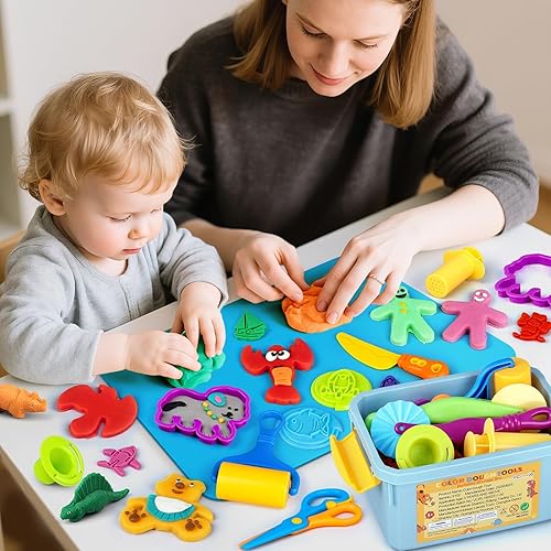 Miniatura 2 de VConejo Juego de herramientas de masa para niños, 37 piezas de arcilla y accesorios de masa con contenedor de almacenamiento, tapete, cortadores,