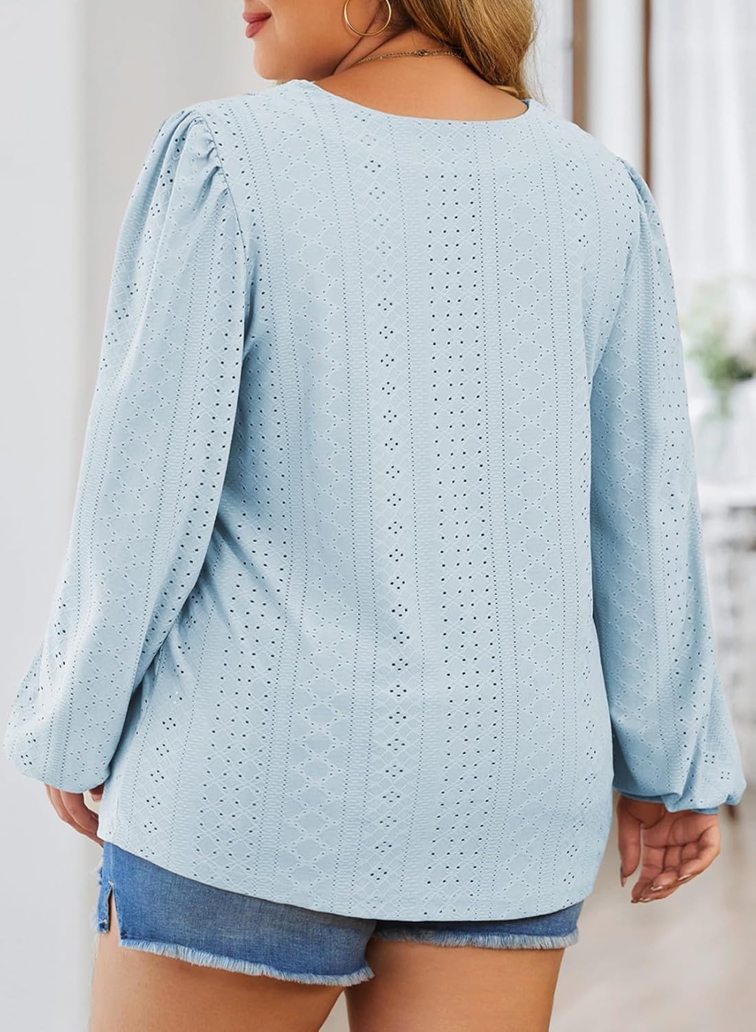 Eytino Womens Plus Size Tops Lantern Long Sleeve Lace V Neck Dressy Casual Blouse Loose Tunic Shirts(1X-5X) - Image 2