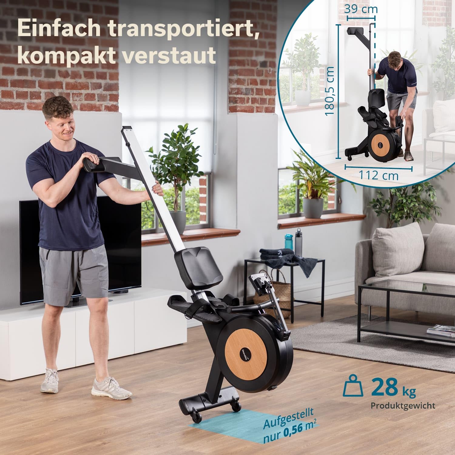 Skandika Njord P6-G Máquina de Remo para casa autogenerada| 32 Niveles de Resistencia eléctrica, hasta 200 cm y 135 kg, Compatible con la App Kinomap