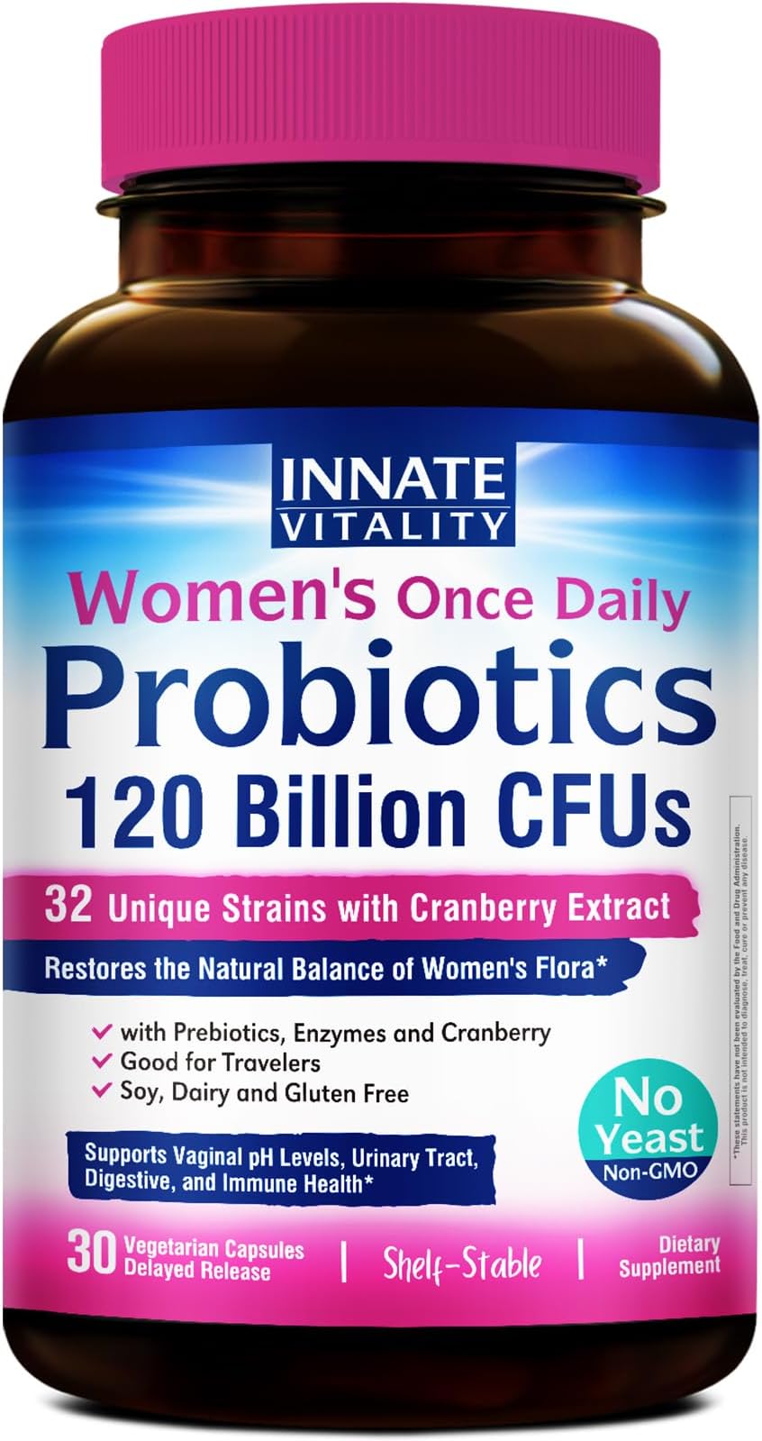 Innate Vitality Women's Once-Daily Probiotics, 120 Billion CFU, 32 d Strains, Yeast Control+l PH Support, Gut+Immunity, Prebiotics, Digestive Enzymes & Organic Cranberry