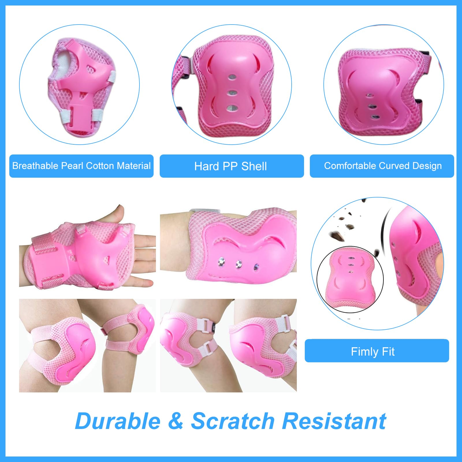 Kit de Protection Complète Enfant - 6 Pièces (Genouillères, Coudières, Poignets) - Réglable 3-12 Ans pour Roller, Vélo, Skateboard & Sports, Rose
