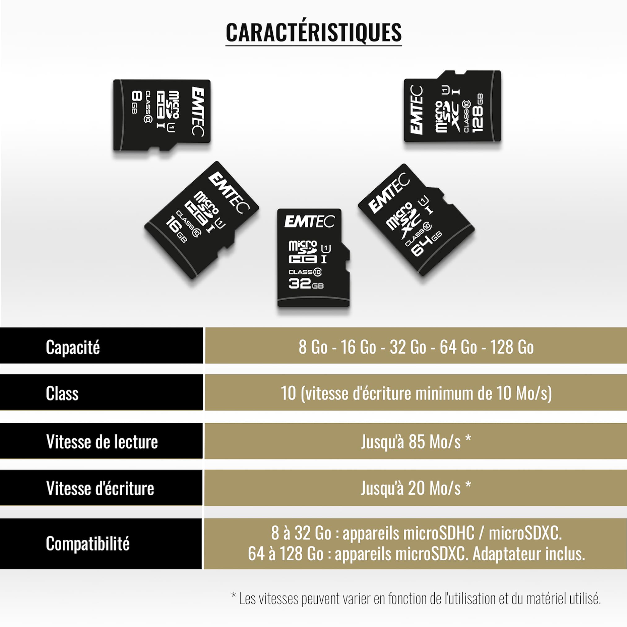 EMTEC - Lot de 10 Cartes microSD 32 Go EliteGold UHS-I U1 - Plastique et Composants - Vitesse de Lecture 85MB/s - pour Smartphone, Tablette et Appareils Photo - avec Adaptateur SD - Noir