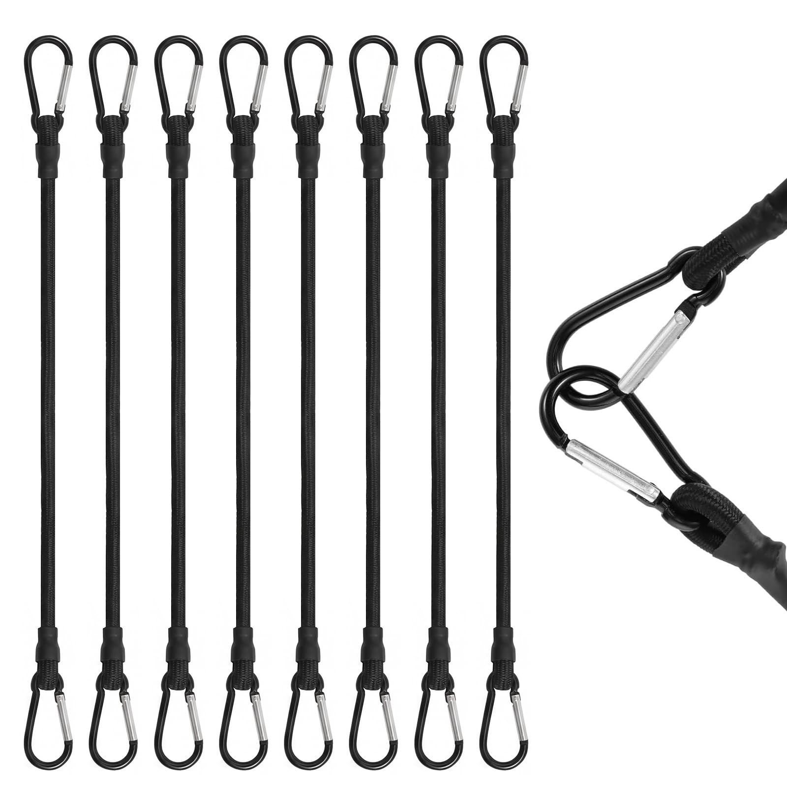 Hounyou 8 Pcs Bungee Cords with Carabiner Clips, 60cm Black Removable Heavy Duty Carabiner Bungee Cords with Hooks for Camping, Tent, Garden, Awning, Tarps, Bike, Car