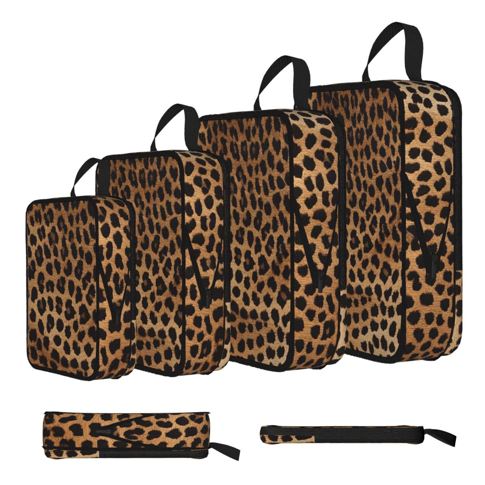 Ezdlowvba Black Leopard Print Print Compression Packing Cubes 4-Piece Set With Multi- Compartment Travel Bag, Waterproof Suitcase Organiser Bags