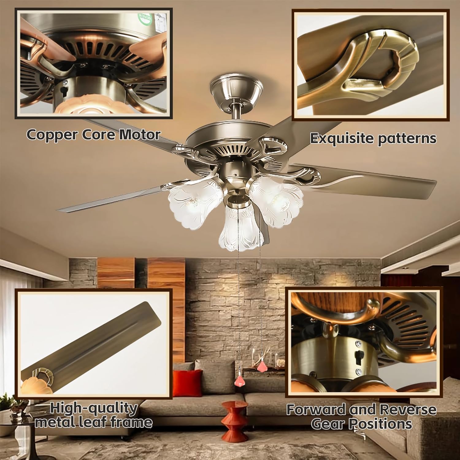 Retro Coppery Reversible Ceiling Fan，5 Fan Leaves Lighted Ceiling Fan with Zippered Reversible Ceiling Fan for Bedroom Living Room Ceiling Light Kits with Fans