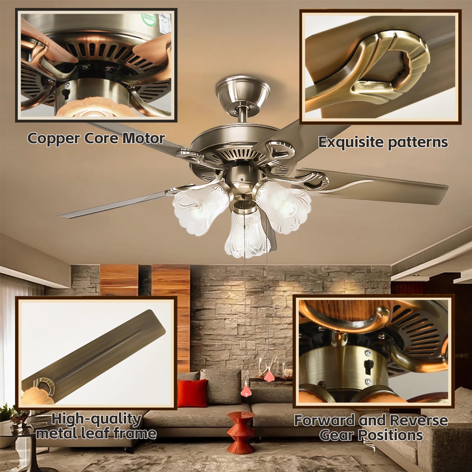Amazon.com: ZXKLXYY Retro Coppery Reversible Ceiling Fan，5 Fan
