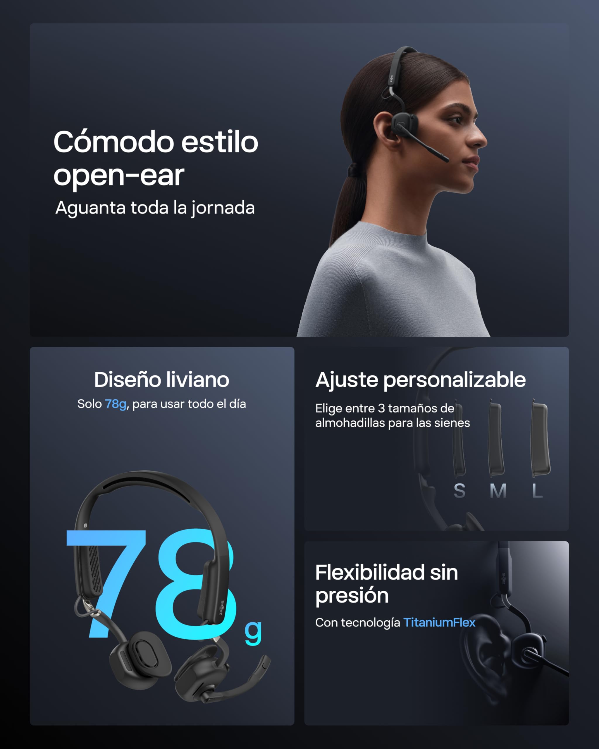 SHOKZ Auriculares de conducción ósea OpenMeet UC, Open-Ear, Adaptador USB-A | Mics. con Cancelación Ruido | Bluetooth 5.4 | 15h duración | Carga rápida | sin Cables | para Trabajo, Llamadas, reuniones