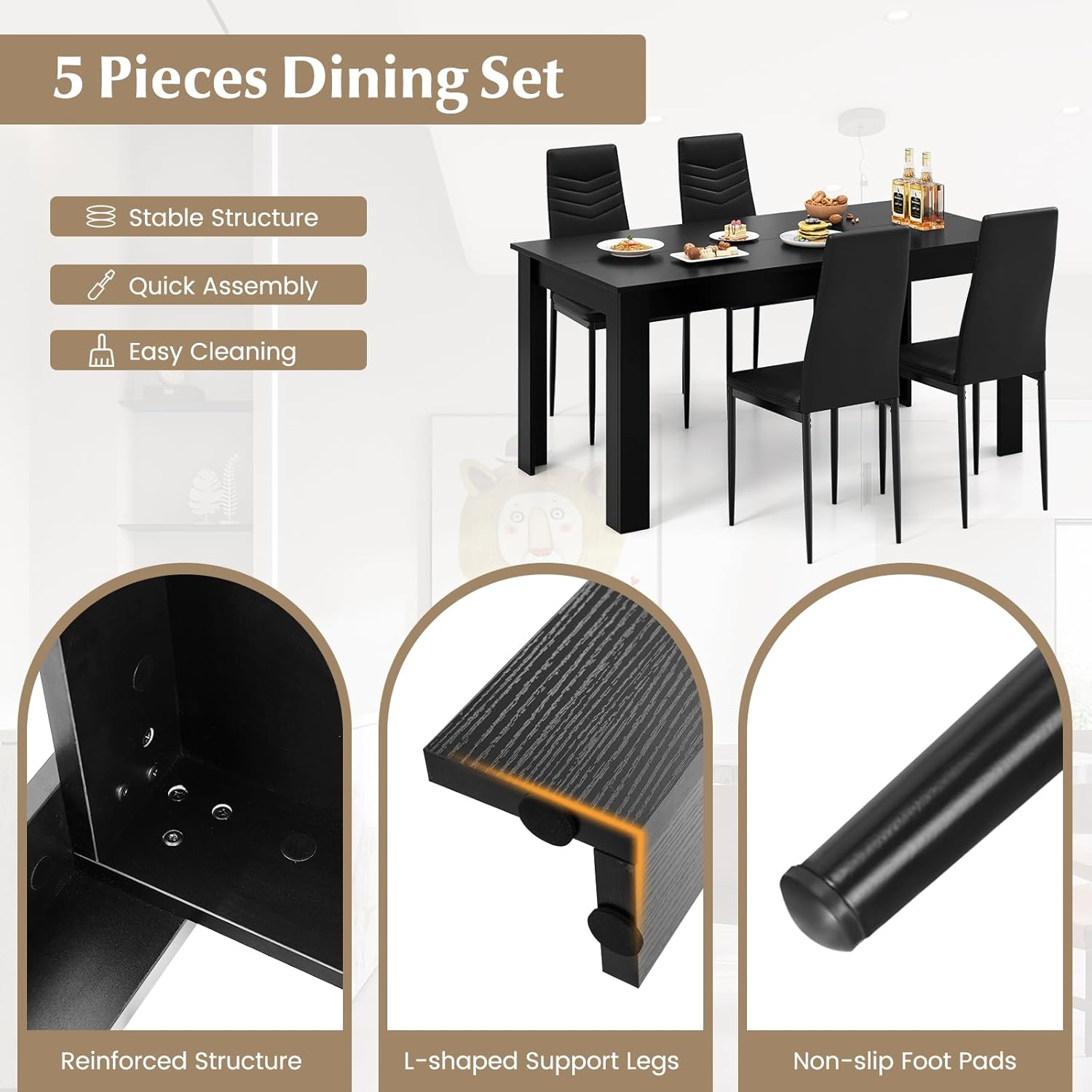 Giantex Dining Table Set for 4-6, Modern Rectangular Kitchen Table with 4 PVC Leather Dining Chairs, 330Lbs Space-Saving Dinette Set for Breakfast Nook, Kitchen, Restaurant, Cafe, Black (5-Pieces)