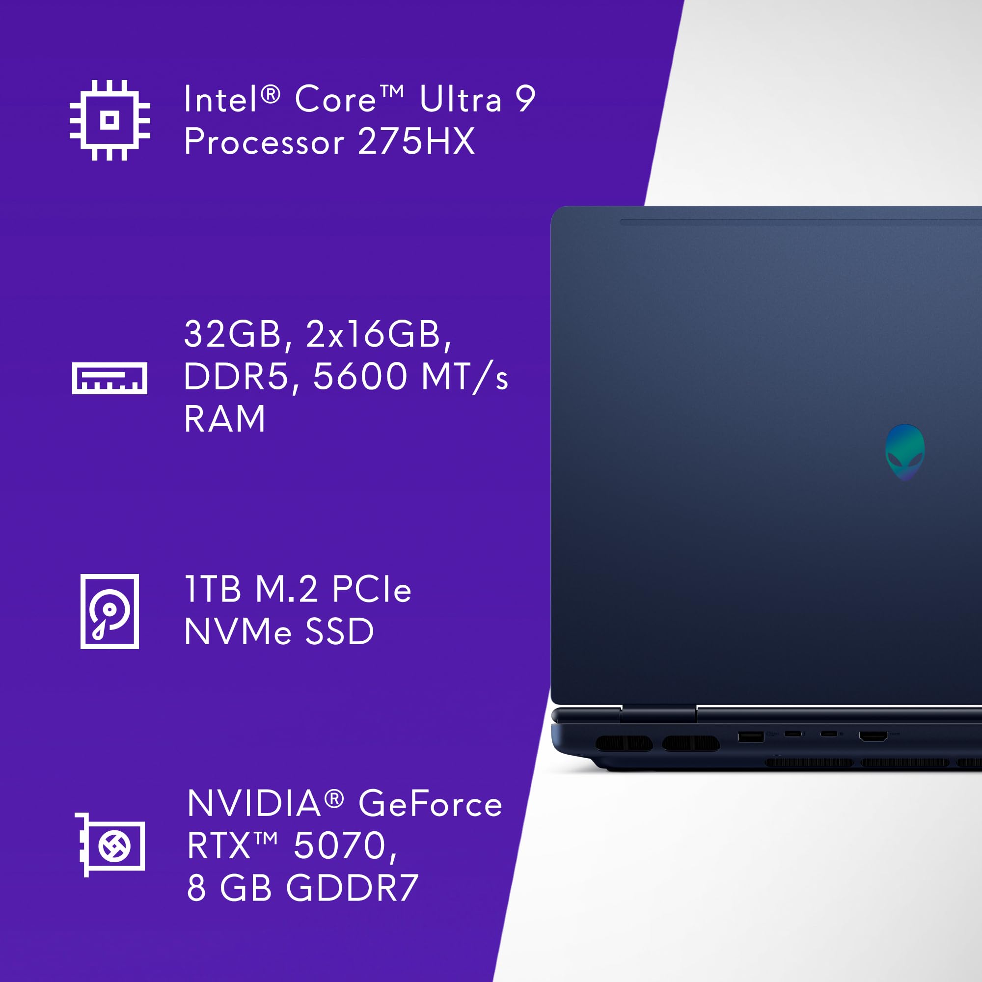 Alienware 16x Aurora Gaming Laptop AC16251 16" WQXGA 240Hz G-Sync, Intel Core Ultra 9 275HX, NVIDIA GeForce RTX 5070, 32GB RAM, 1TB SSD, Windows 11 Home, RGB UK Keyboard - 1 Year Alienware Care — view 13