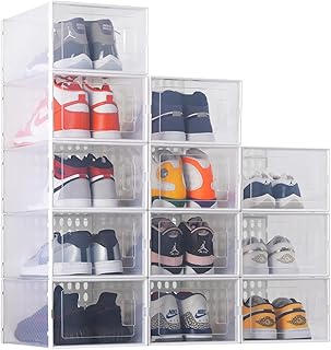 Shoe storage box, 12 Packs Shoe Boxes Clear Plastic Stackable,Shoes Sneaker Container Storage Box, XL Shoe Boxes with Lids for Closet, Storage and Display(White)