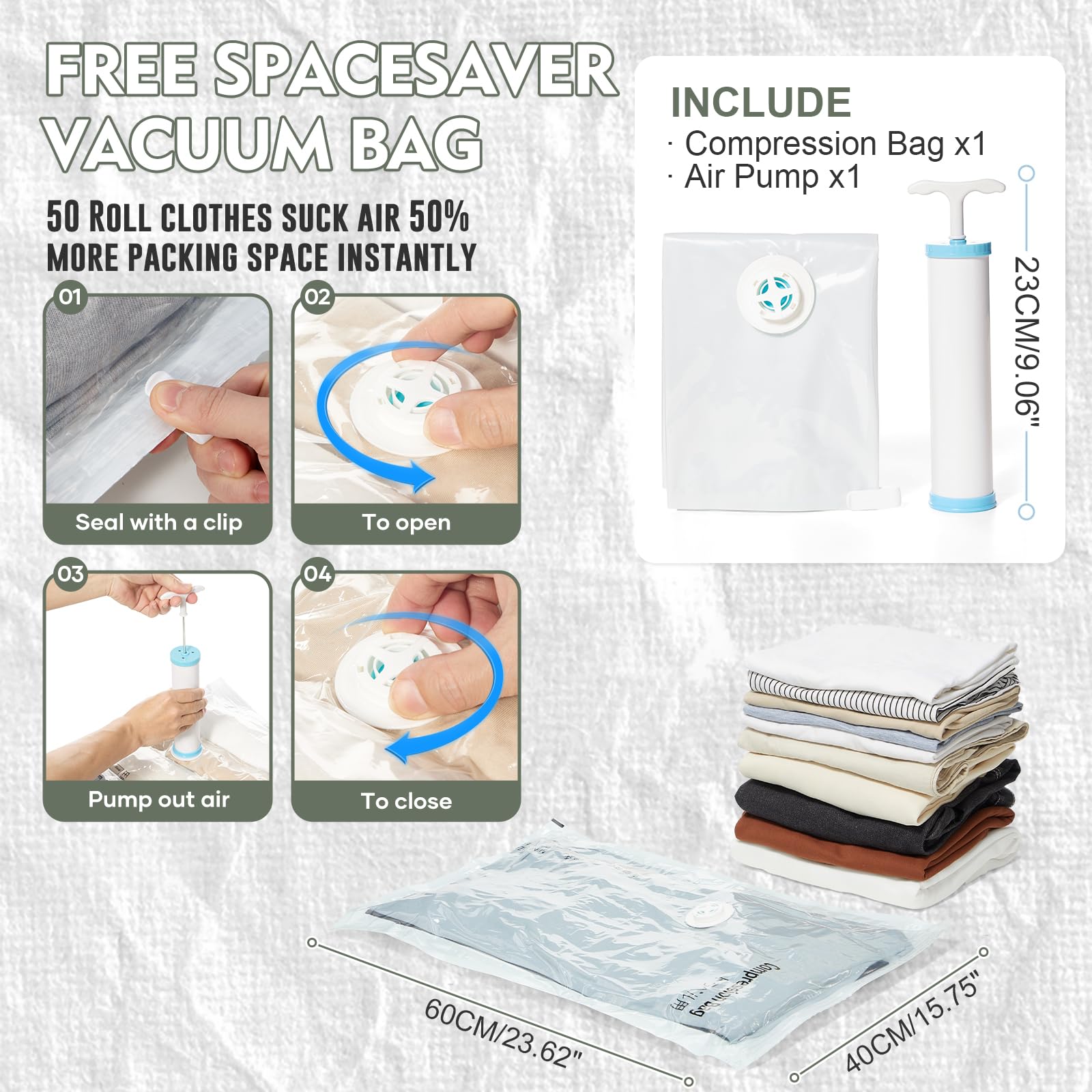 Bagage Cabine 40x30x20 sous Vide Sac a Dos Voyage Cabine Avion pour Ryanair | Sac Valise Cabine 40x30x20 avec Sac de Compression sous Vide & Pompe Manuelle Bagage à Main Imperméable -Bleu Saphir