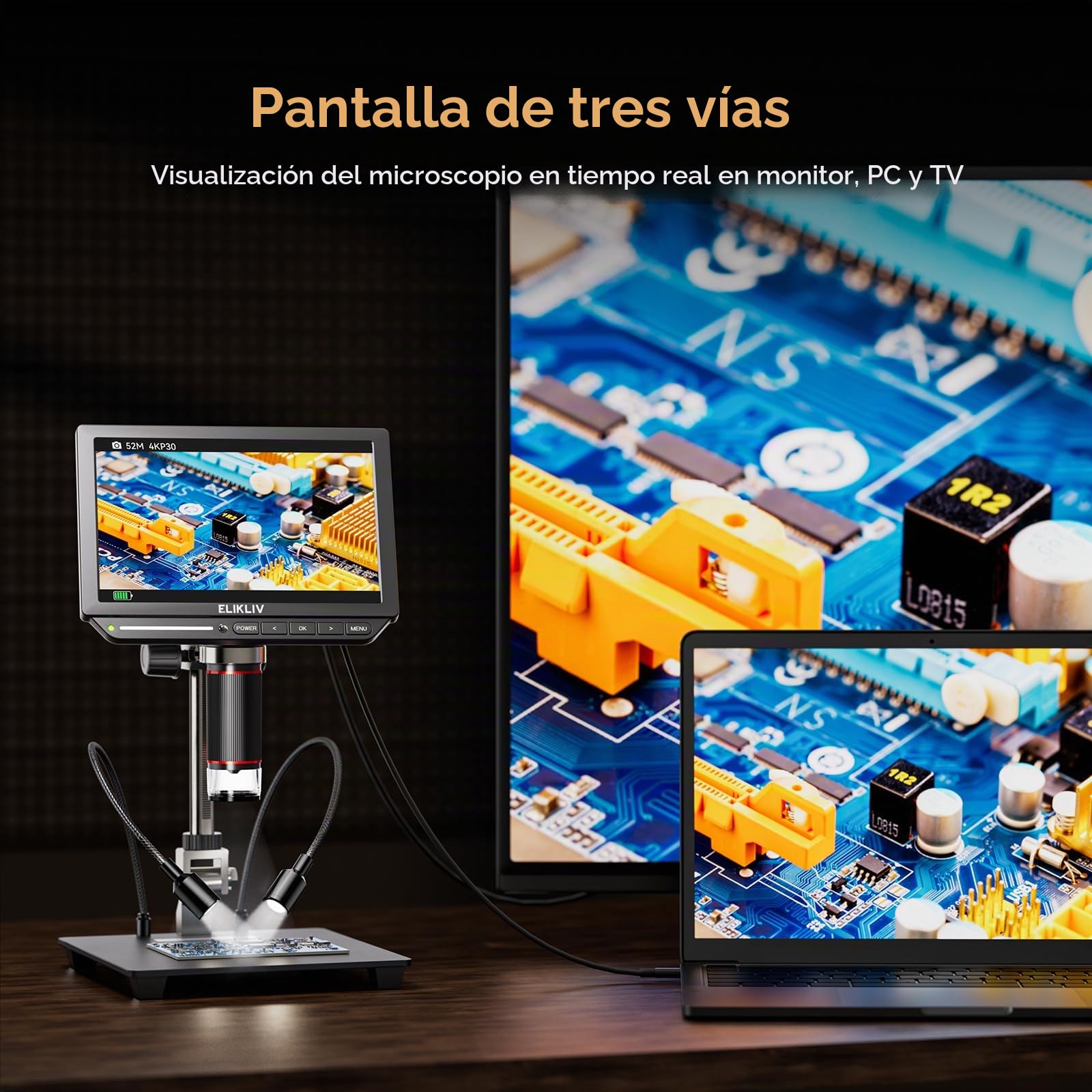 Elikliv EM4K 4K Microscopio Digital, 8" Microscopio de Monedas 2000x, Micro scopio HDMI 52MP, Microscopios de Soldadura para Adultos, Microscopios LCD para reparación electrónica, UHD vídeo 3840P, 16G