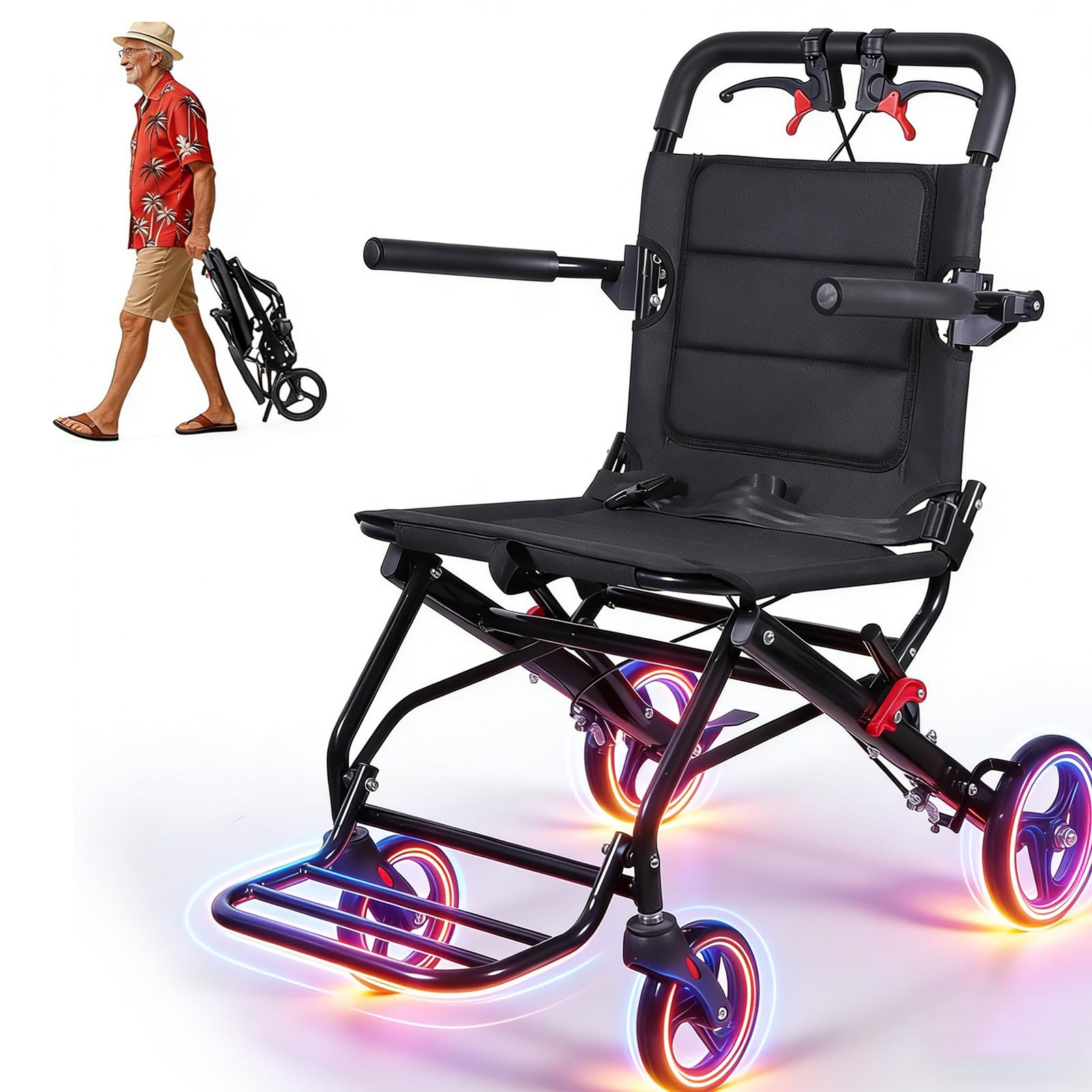 𝟐𝟎𝟐𝟔 𝐔𝐩𝐠𝐫𝐚𝐝𝐞 Extra Wide Seat Transport Wheelchair – Foldable Lightweight Travel Wheelchair for Seniors, All Terrain Portable Chair, 300lbs