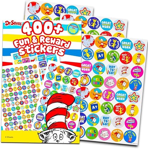 Dr. Seuss 400+ Fun & Reward Stickers – 6 Sheets – Motivational Teacher & Classroom Stickers Incentive Stickers for Kids | Great for Teachers, Parents