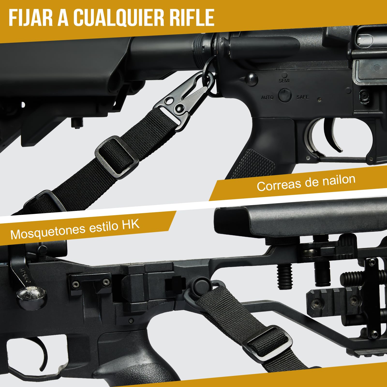OneTigris Correa de Rifle de 2 Puntos, 2,5 cm de Ancho con Mosquetones Intercambiables Estilo HK, Ajustable 56-70 Pulgadas, Negro