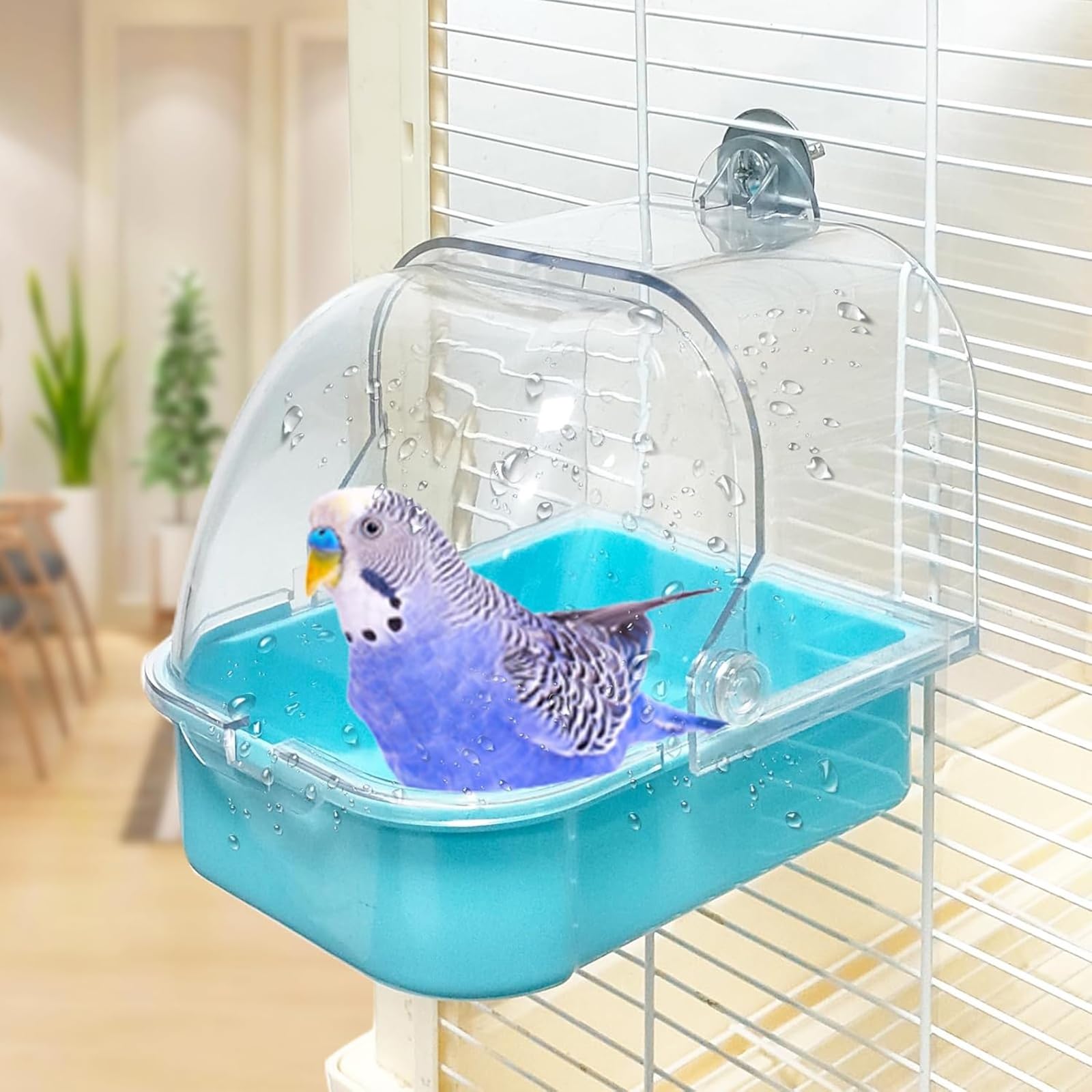 Bird Bath for Cage - Drawer Style, Hanging Bird Tub, Water Bowl, Shower, Food Feeder Tray, Birdcage Accessory for Small Birds Canary Budgies Parrots Cockatiel Lovebird Hamster(Blue)