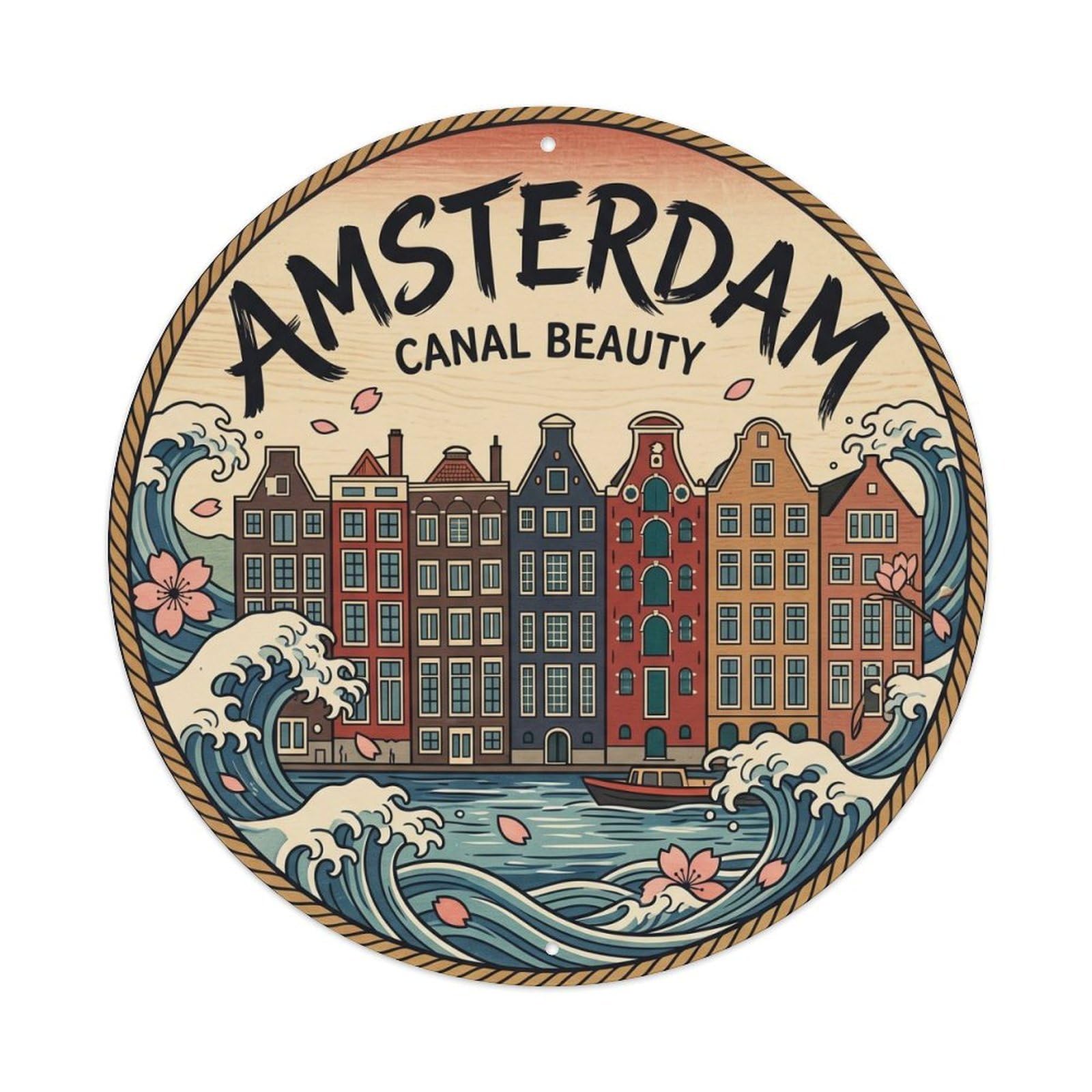 Yrnq Vintage Style Vintage Travel Amsterdam Canal Houses Vintage Metal Tin Sign Plaque Wall Decor For Cafe, Club, Garden Round Metal Poster 8X8inch