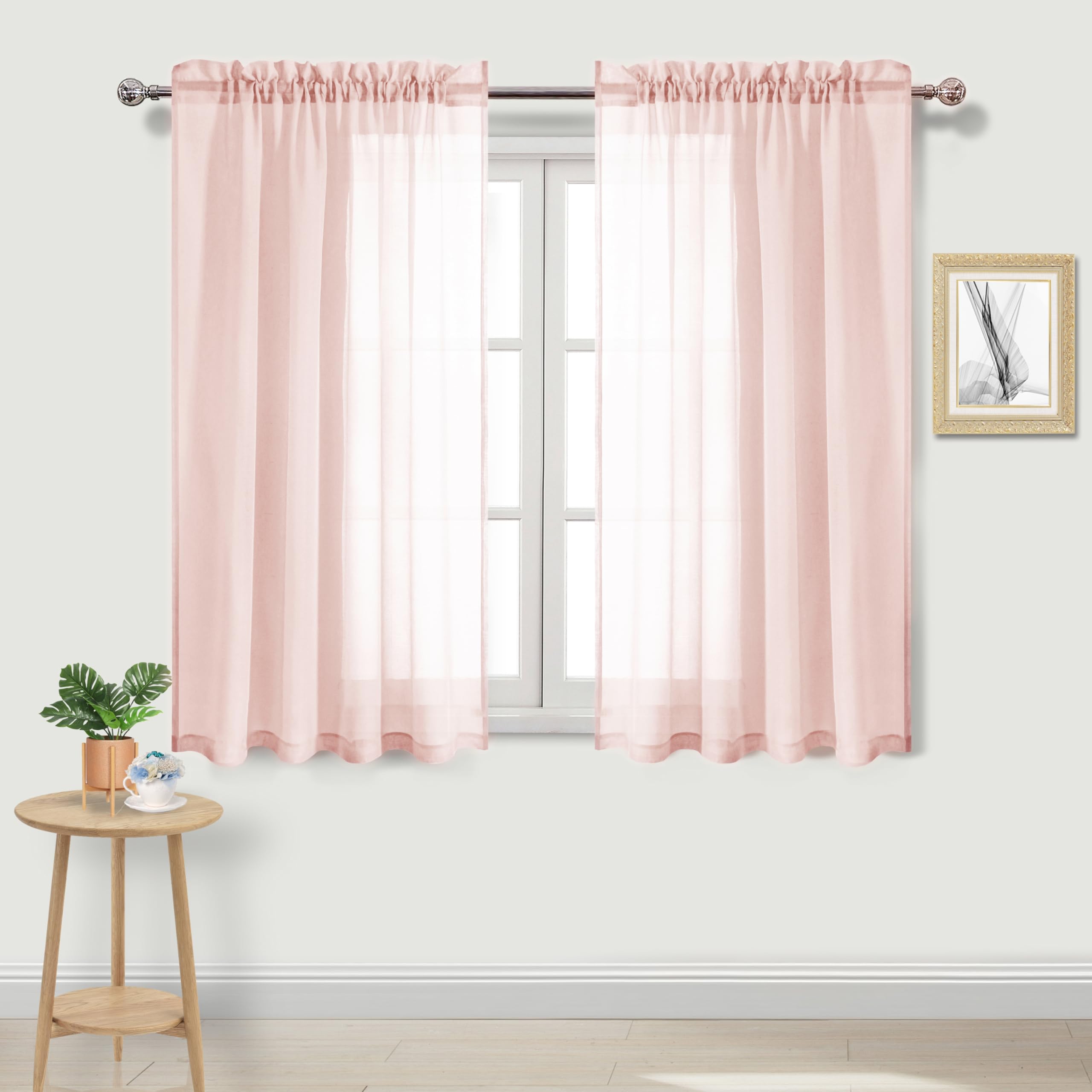 DWCN Sheer Curtains, Window Treatments Rod Pocket Voile Drapes Elegant and Breathable for Living Room,Bedroom, Set of 2 Panels,Blush Pink,W52 x L45