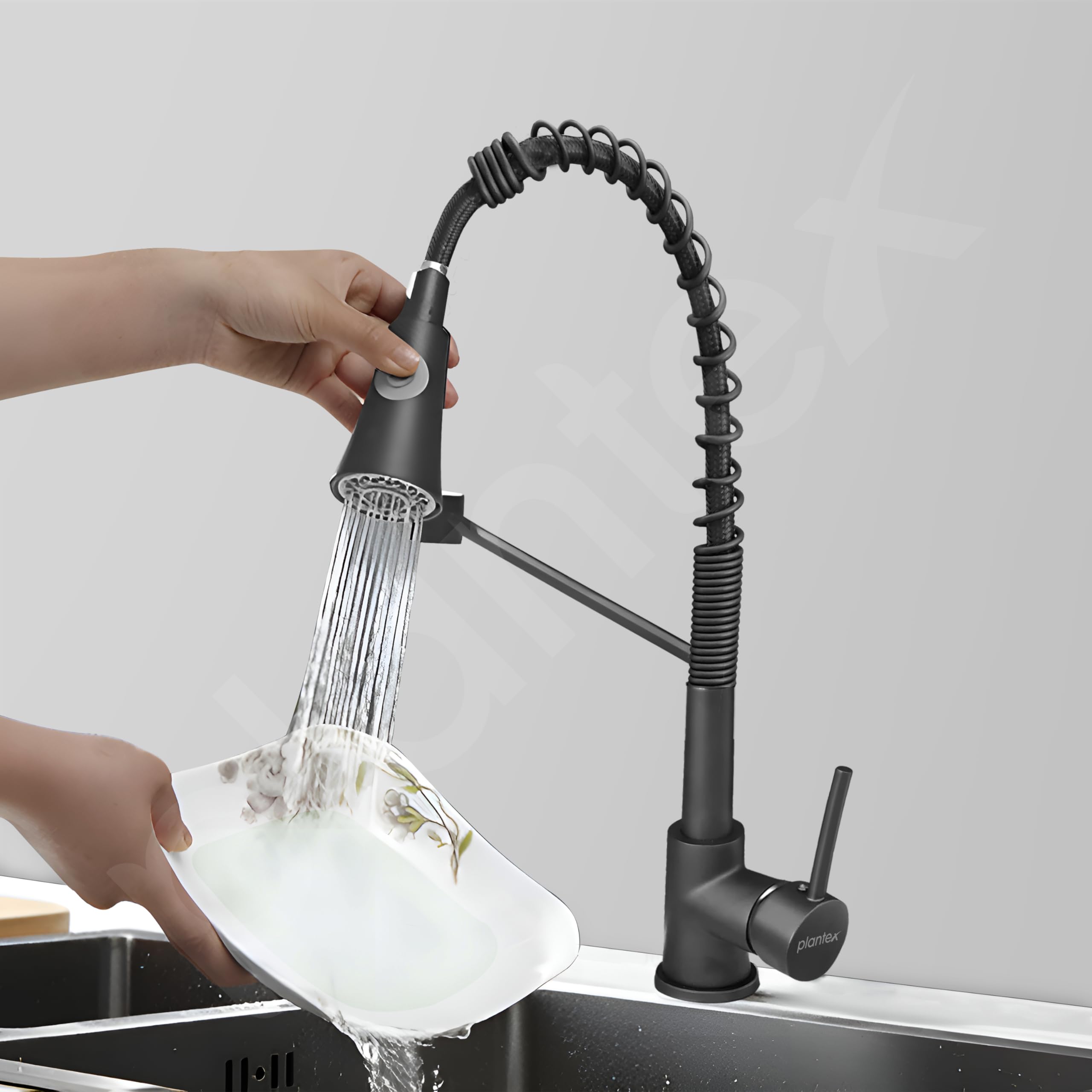 Plantex Pure Brass Single Lever Kitchen Tap | Dual Flow Pull Down Mixer With Water Saving Nozzle | Table Top Faucet for Sink (Grey)