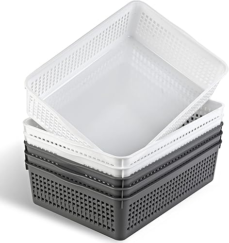 Eslite Cesta de almacenamiento de plástico tamaño A4, bandeja organizadora de papel de escritorio, 6 paquetes (blanco + gris)