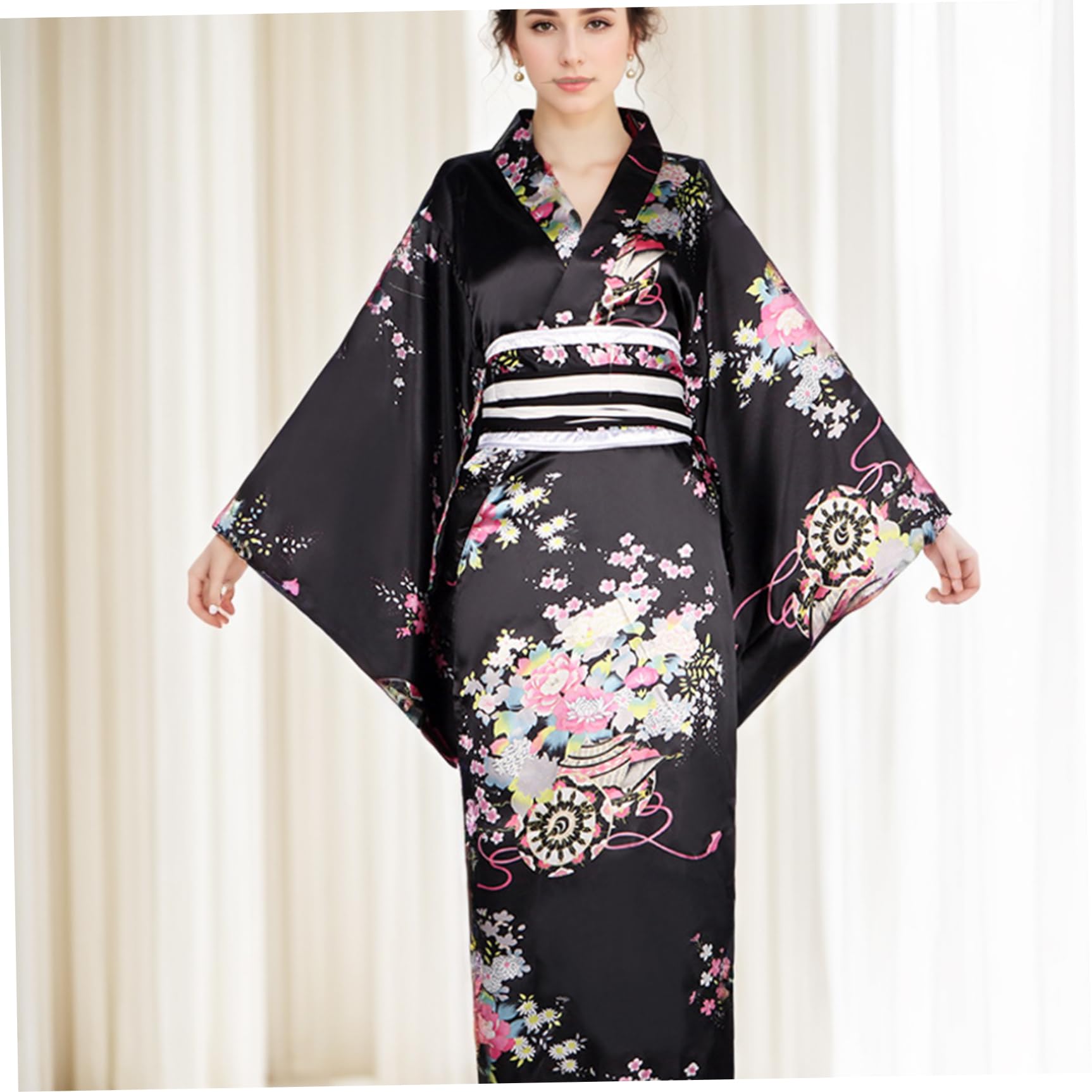 Yukata para Mujer, Kimono japonés con Estampado Floral, Sedoso, cómodo y Agradable para la Piel, con cinturón, Estilo Tradicional de Kioto, Ideal para Fiestas, Cosplay y Accesorios (Negro).