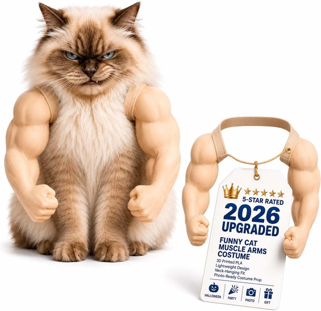 Funny 3D Printed Buff Muscle Arms Pet Costume, Neck Hanging Big Biceps Shoulder Outfit for Cats & Small Dogs, Lightweight Novelty Cosplay Accessory, Fun Photo Prop ,Beige:Large