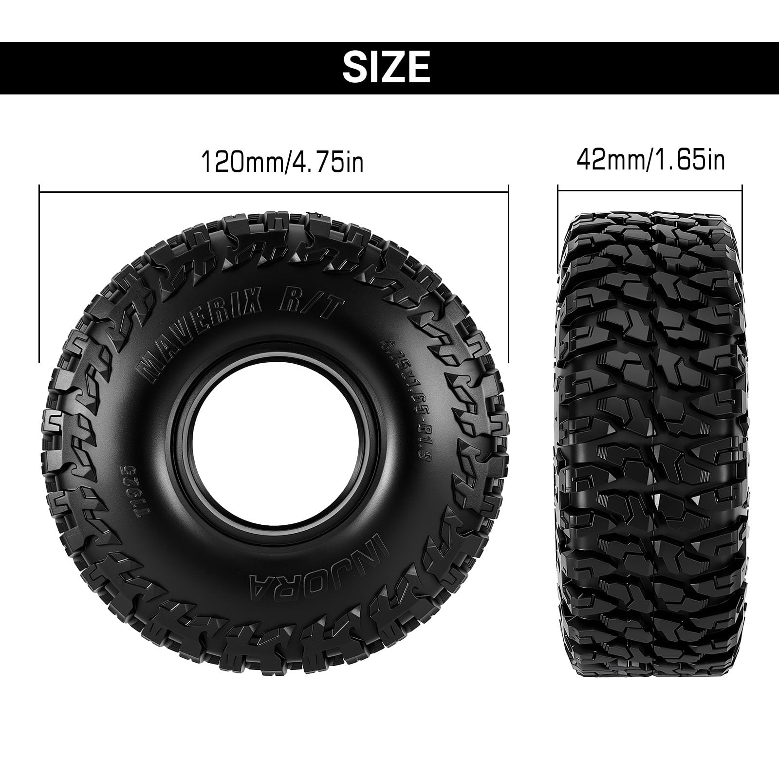 INJORA Pneus 1,9" MAVERIX R/T 120 x 42 mm pour TRX4 SCX10 1/10 RC Crawlers Upgrade (T1925)