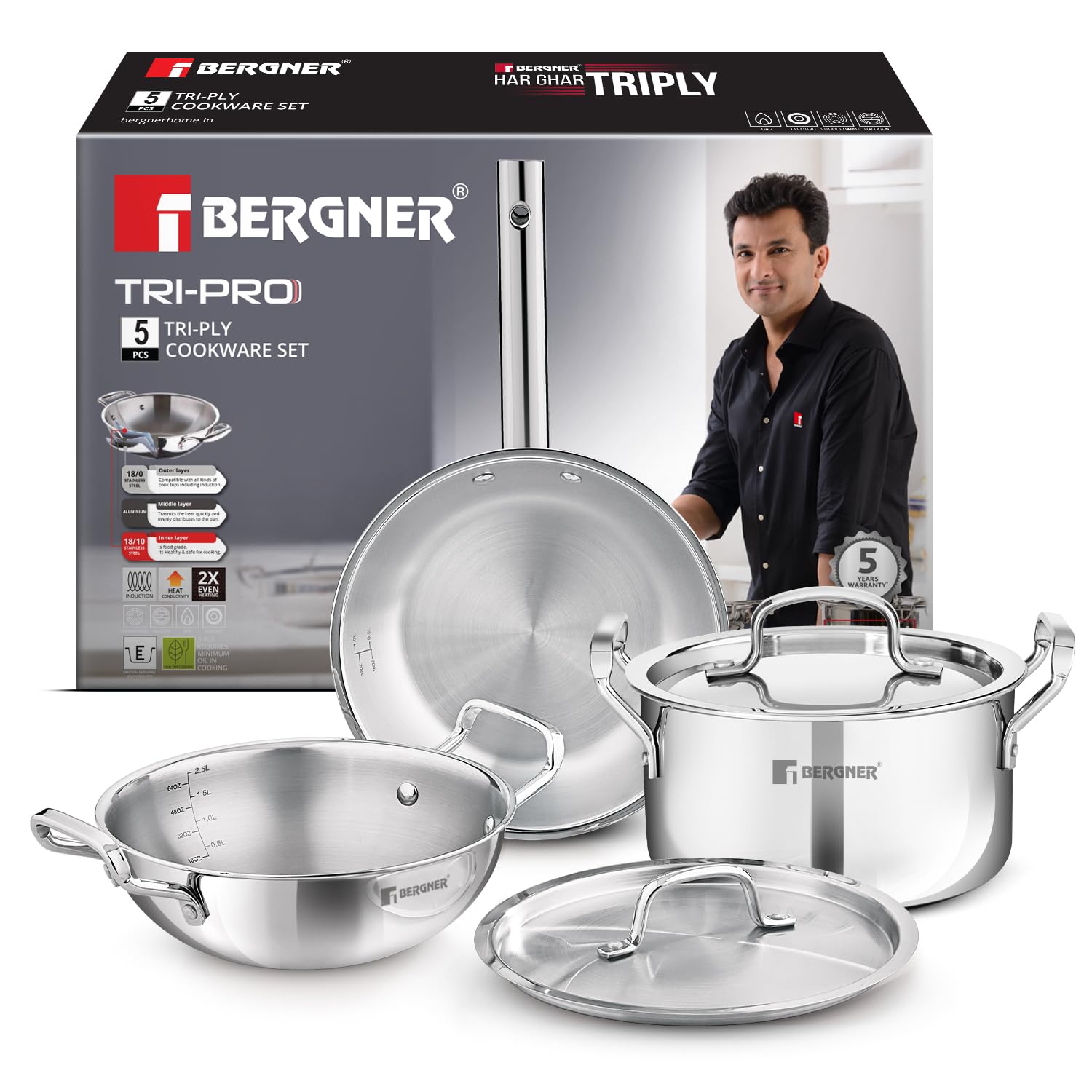 Bergner TriPro 5 Pcs TriPly Stainless Steel Cookware Set of 24cm (3L) Kadai with Lid, 20cm (3.5L) Casserole with Lid/Biryani Pot, 22cm (1.5L) Frypan, Less Oil Use, Healthy Cooking - Induction Bottom-image-44