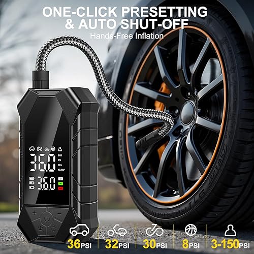 Miniatura 7 de Inflador de neumáticos, compresor de aire portátil, bomba de aire de 150 PSI con luces LED y medidor de presión digital inteligente, bomba de aire
