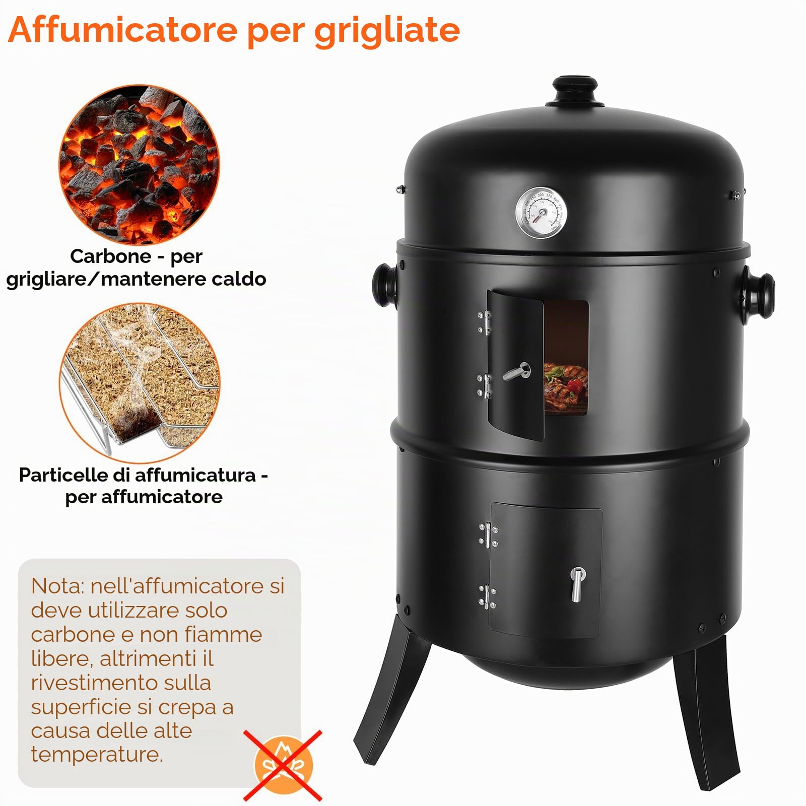 TLGREEN Affumicatore 3 in 1, Barbecue a Carbone, BBQ Smoker, Ø44,5 x 80 cm, Con Scarico Aria Regolabile e Termometro, Barbecue Smoker per Grigliare e Cucinare