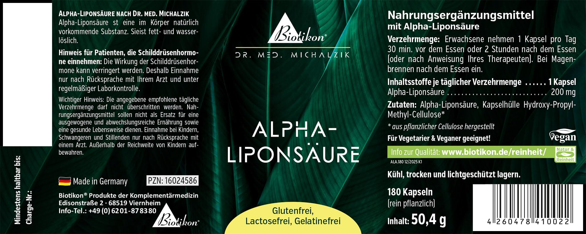 Alpha-Liponsäure Dr. med. Michalzik - 180 vegane Kapseln - je Kapsel 200 mg Alpha-Liponsäure - Kein Siliziumdioxid - Kein Magnesiumstearat - ohne Zusatzstoffe - von Biotikon®