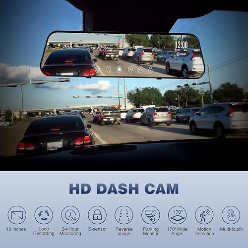 Miniatura 8 de Espejo de cámara de tablero con pantalla táctil de 10 pulgadas con cámaras delanteras y traseras 1080P, visión nocturna, conectividad WiFi y cámara