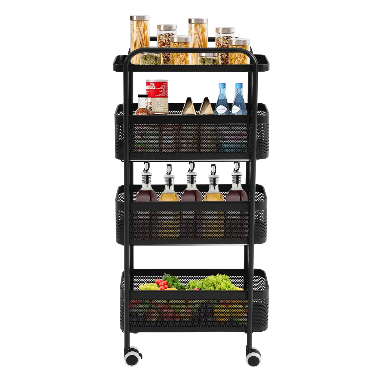 Carrito de cocina estrecho de 4 niveles, con cestas extraíbles, para espacios estrechos, 15 cm de ancho, con ruedas, color blanco y negro