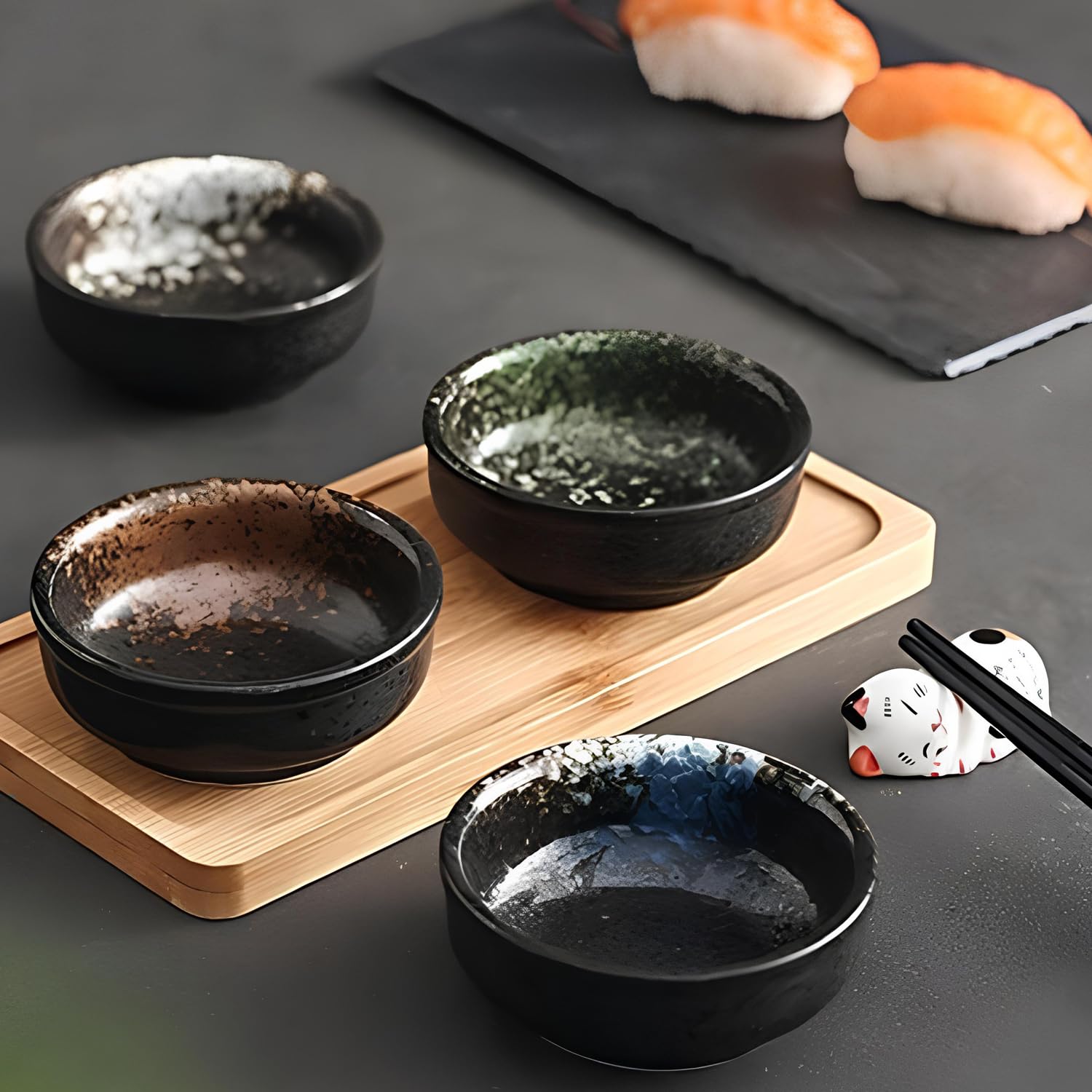 Lot De 6 Bols à Sauce En Céramique Noir Et Bleu Marine - Pour Sushi, Sauce Soja, épices, Snacks - Lave-vaisselle Safe - 2