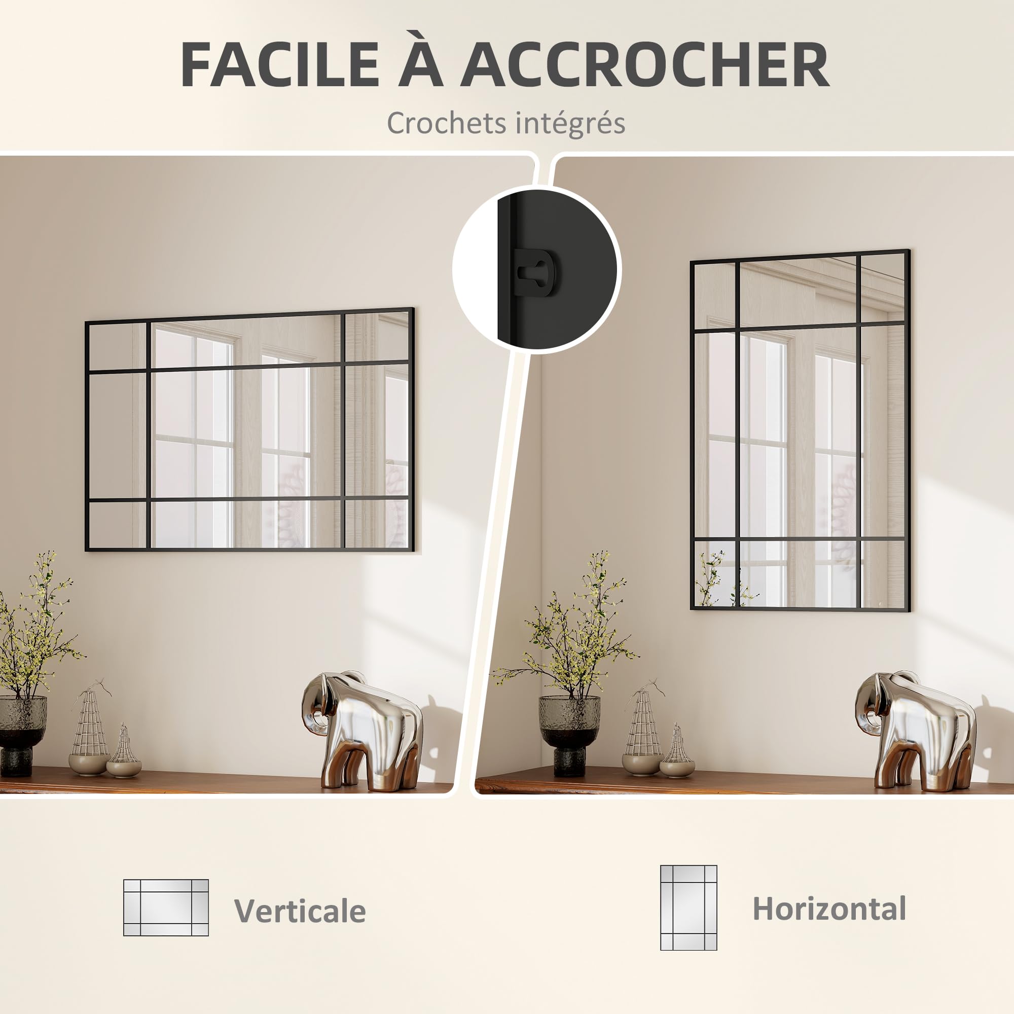 HOMCOM Miroir Mural verrière rectangulaire Style fenêtre, Horizontal ou Vertical avec 4 Crochets, en métal Noir - 90x60 cm