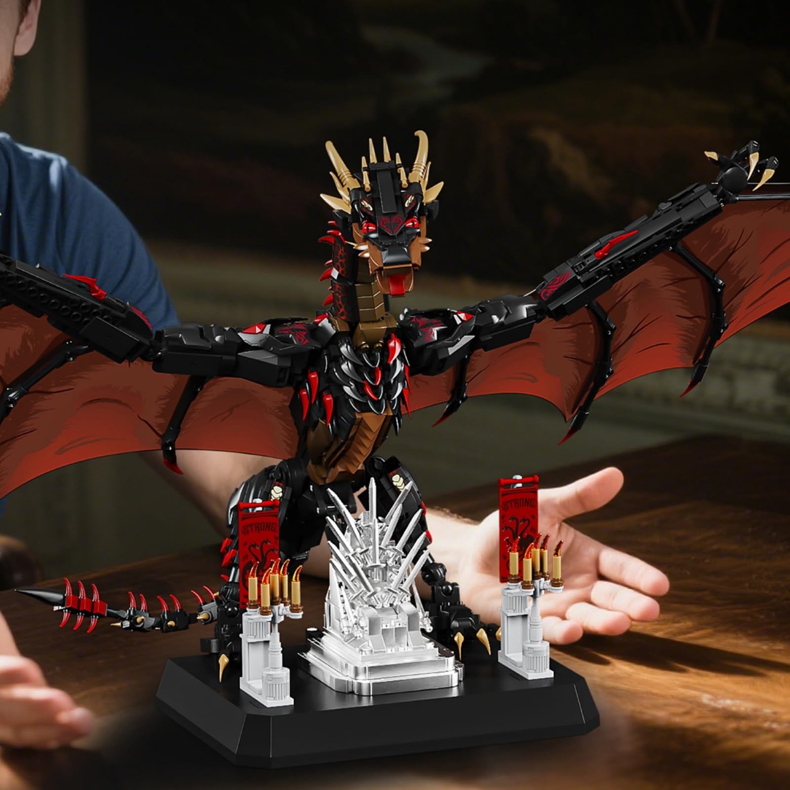 Drachen Klemmbausteine Set für Erwachsene, STEM Drogon Feuerdrache Bausteine Modell für Got Fans Heimbüro Dekor, 1868 Teile Drachen Bausteine Filmfans Geschenk
