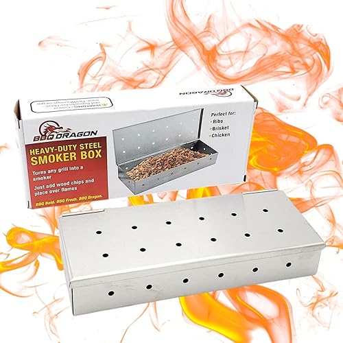 BBQ Dragon Caja de ahumador para asar Acero inoxidable resistente con tapa con bisagras Grande para parrillas de gas y carbón Caja para ahumar