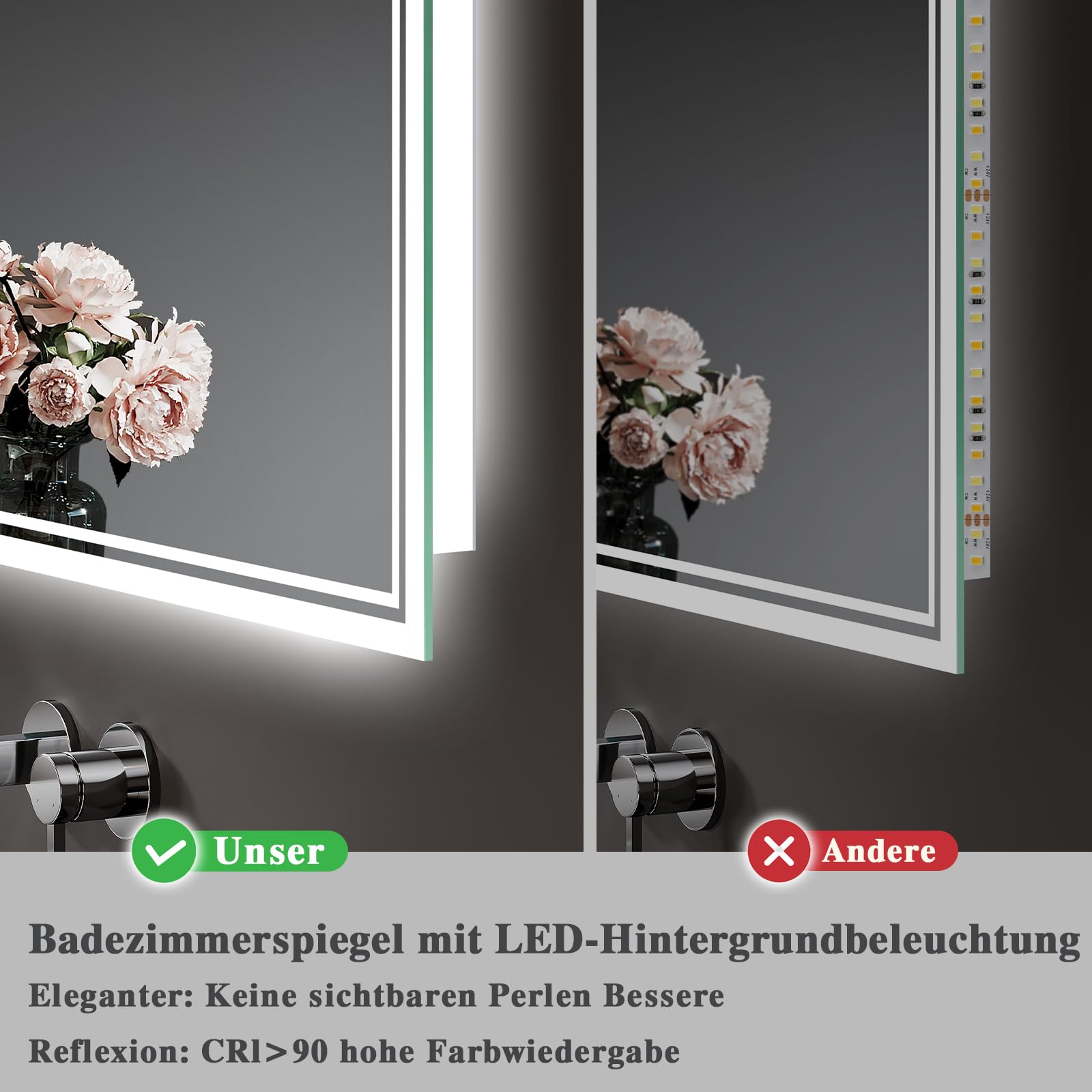 Badspiegel-mit-Beleuchtung 60x80cm: LED Badezimmer-Spiegel Badezimmerspiegel mit Beschlagfrei, Touch-Schalter, 3 Lichtfarben Dimmbar LED Spiegel Bad für Badezimmer