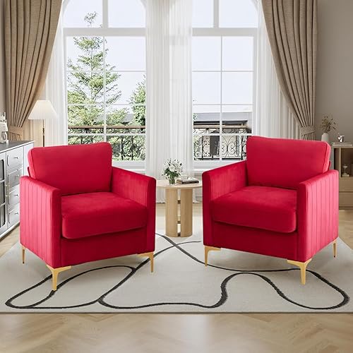 Miniatura 1 de Juego de 2 sillas decorativas de terciopelo modernas con patas de metal dorado tapizadas, sillón de lectura, sofá pequeño para sala de estar,