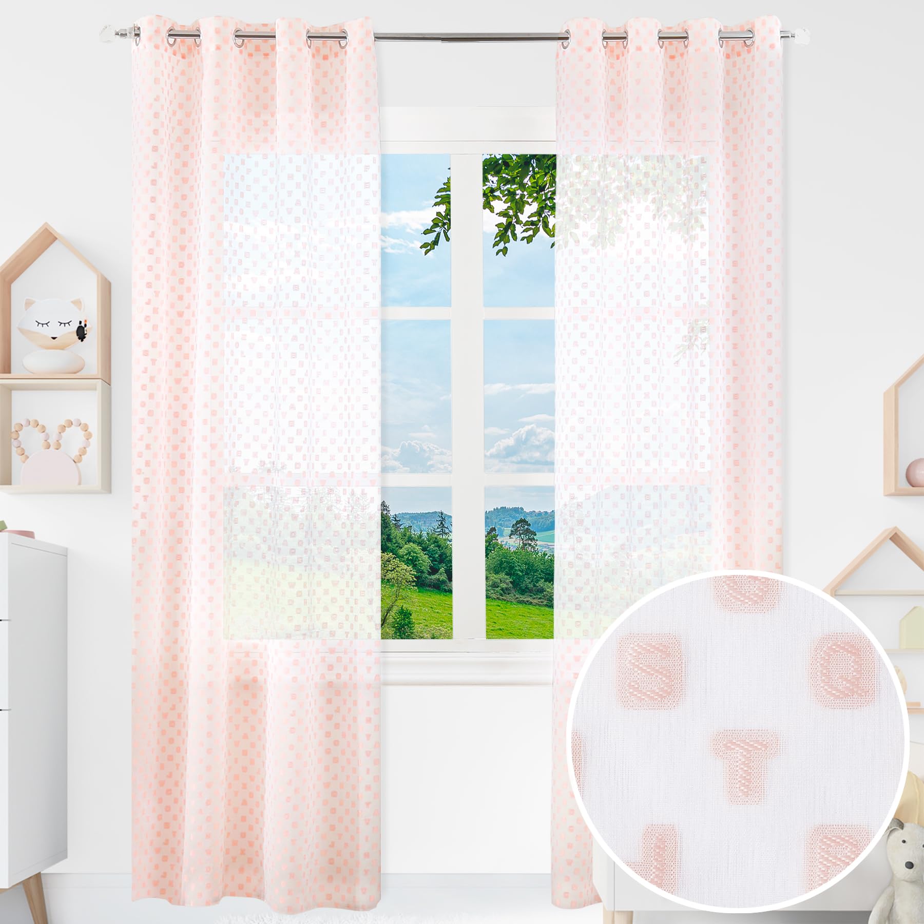 BOD HOME 2 Piezas Cortina Infantil Translúcida para Habitación de Niñas, 140 x 260cm Ancho x Alto, Cortina Dormitorio Infantil Rosa con Diseño de Letras, Material 100% Poliéster