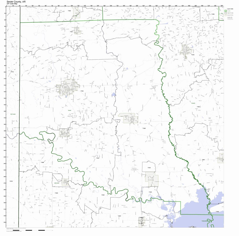 Sevier County, Arkansas AR ZIP Code Map Not Laminated
