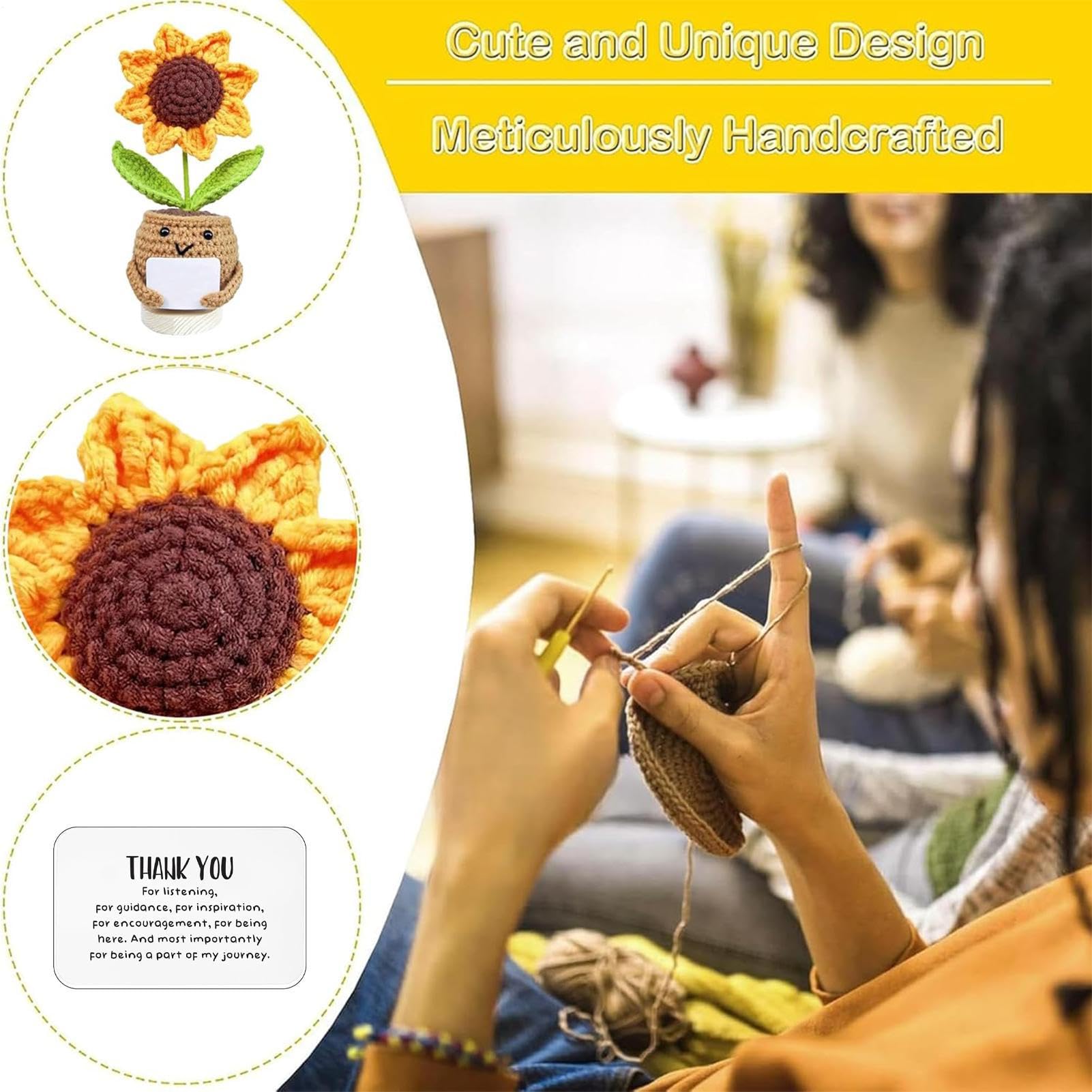 Positive Sunflower Crochet Potted Flowers, Emotional Support Plant with Encourage Card - Image 2